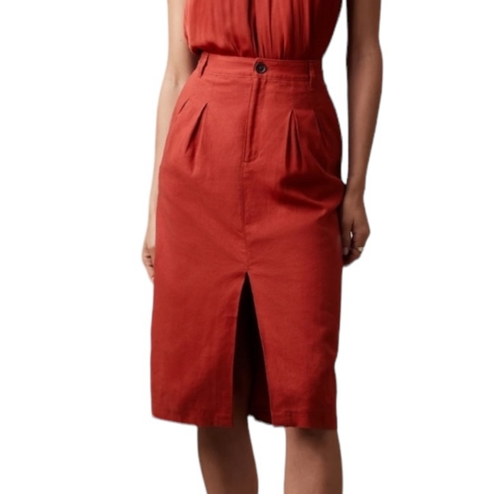 Banana Republic Brown Linen Blend Midi Skirt Embers Front Center Split size 18